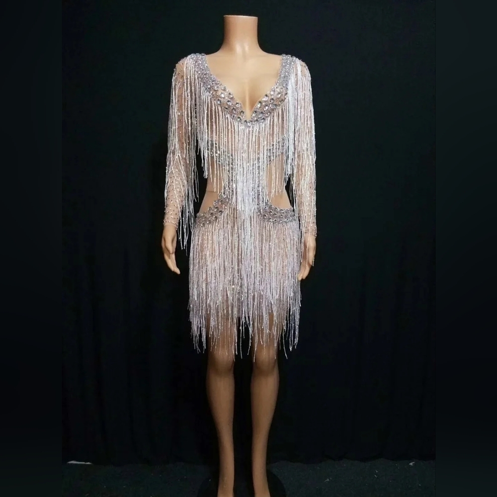 Unique Rare Size Large Ice Me Out Bling Birthday Silver Rhinestone Fringe Dress - Picture 6 of 11